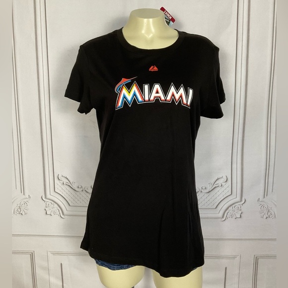 Majestic Genuine Merchandise MLB Miami Marlins Women’s Short Sleeve Shirt Large - Picture 1 of 5